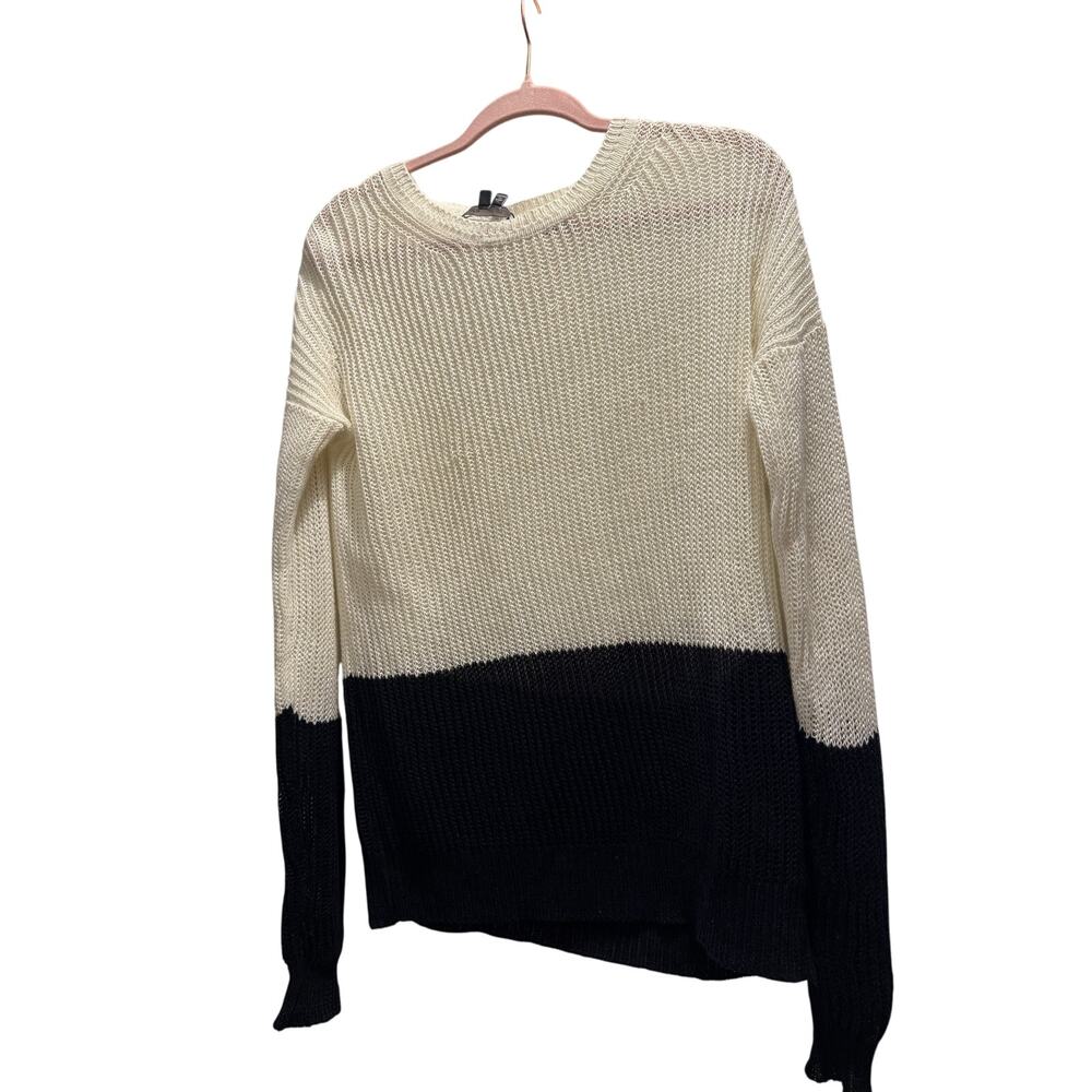 Vince Women Sweater White Black Colorblock Linen Open Knit V195575451 XS